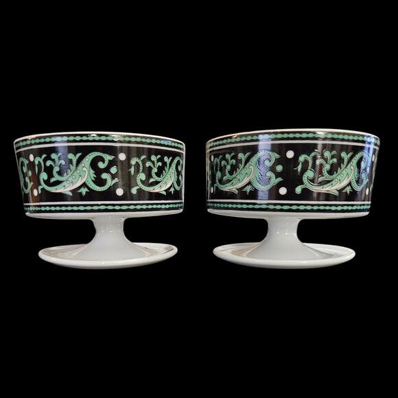 Pair of Antoinette Pedestal Dessert Bowls Black & Aqua Scroll Design, 3.5” Wide - Picture 3 of 5